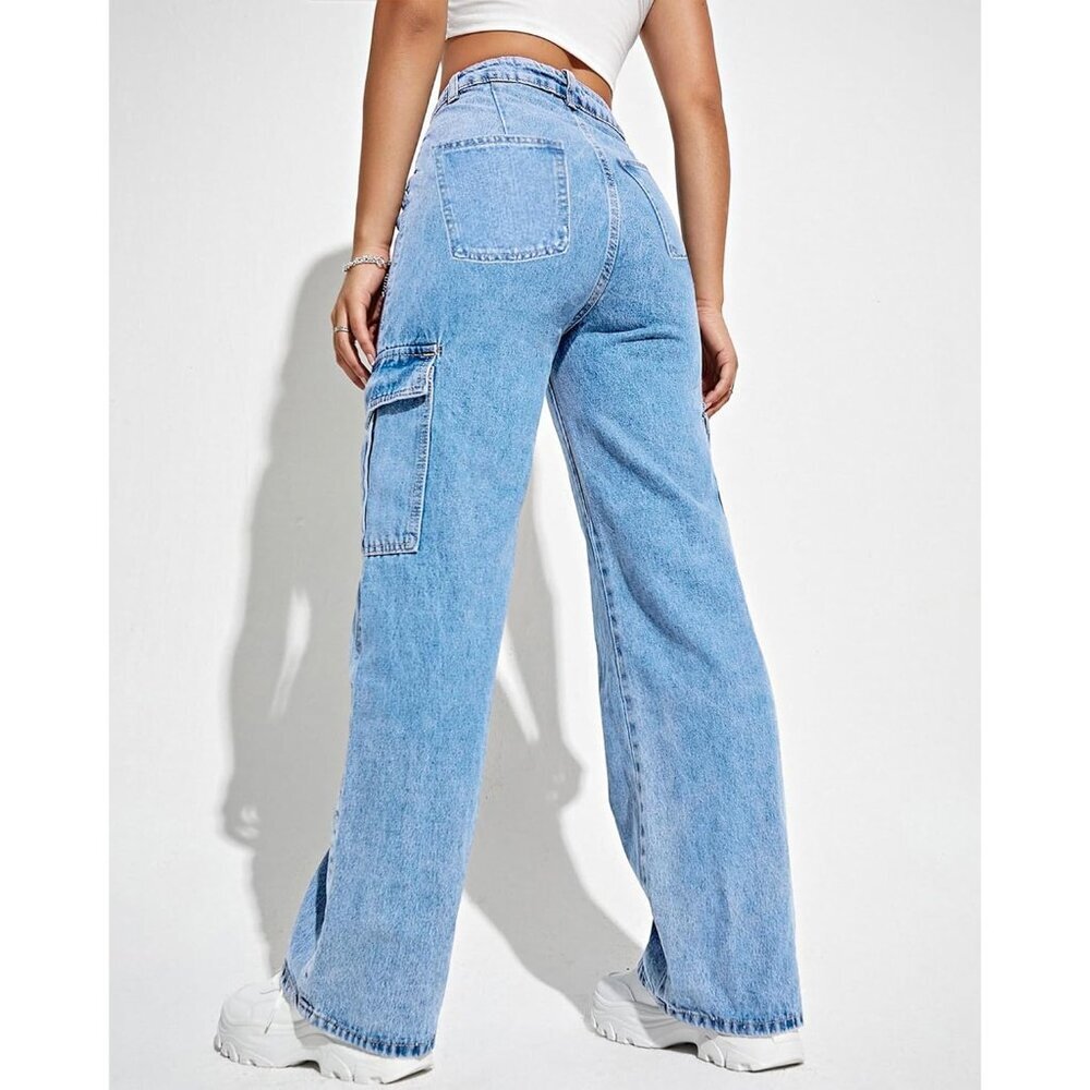 Fashionable Light Blue Cargo Trousers for Women – High Waisted, 6 Pockets, Large - Picture 2 of 6